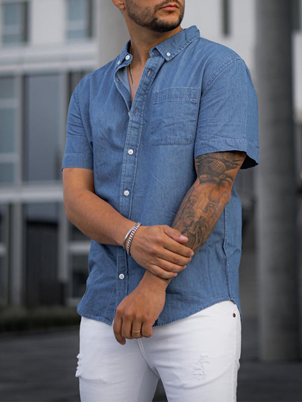 Men's Solid Color Faux Denim Shirt Short Sleeve T-Shirt Casual Loose T-Shirt