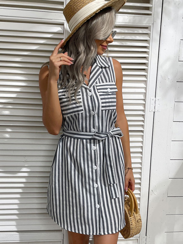 Nipped Waist Shirt Dress Lapel Grey Beach Stripe Dress