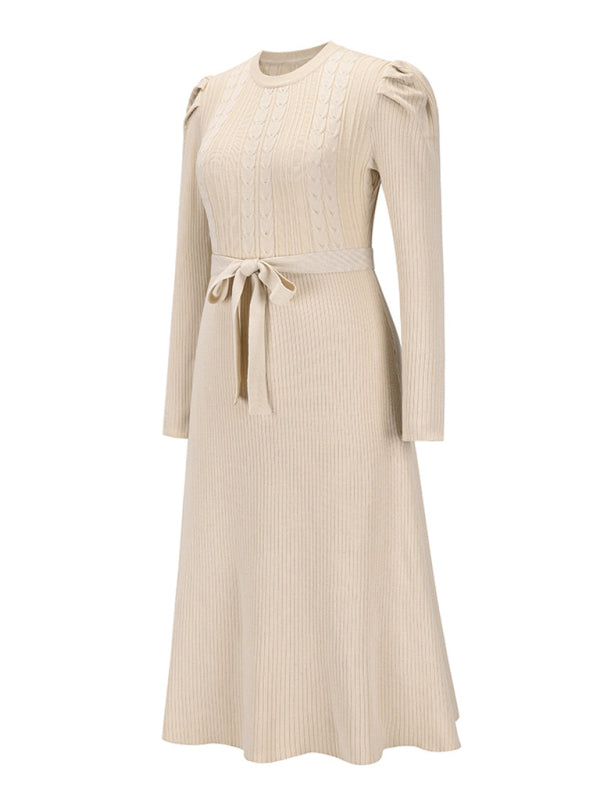 Women's wool knitted puff sleeve high waist mid length dress