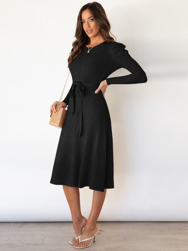 Women's wool knitted puff sleeve high waist mid length dress