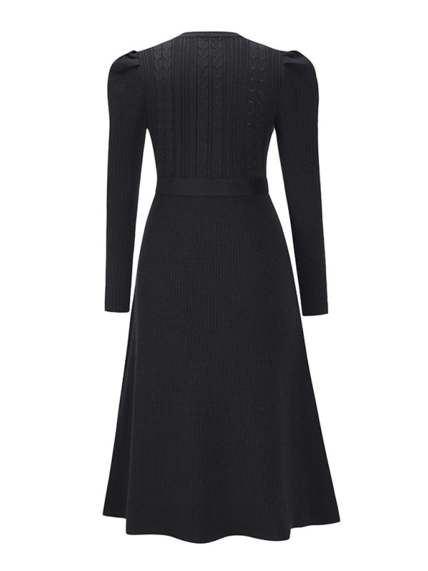 Women's wool knitted puff sleeve high waist mid length dress