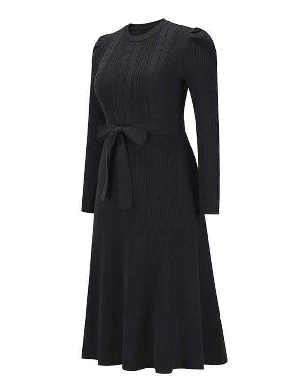 Women's wool knitted puff sleeve high waist mid length dress