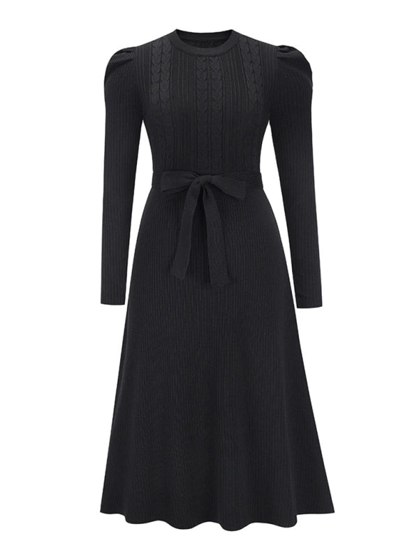 Women's wool knitted puff sleeve high waist mid length dress