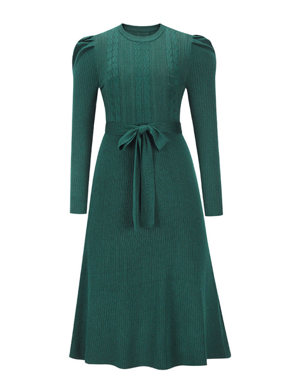 Women's wool knitted puff sleeve high waist mid length dress