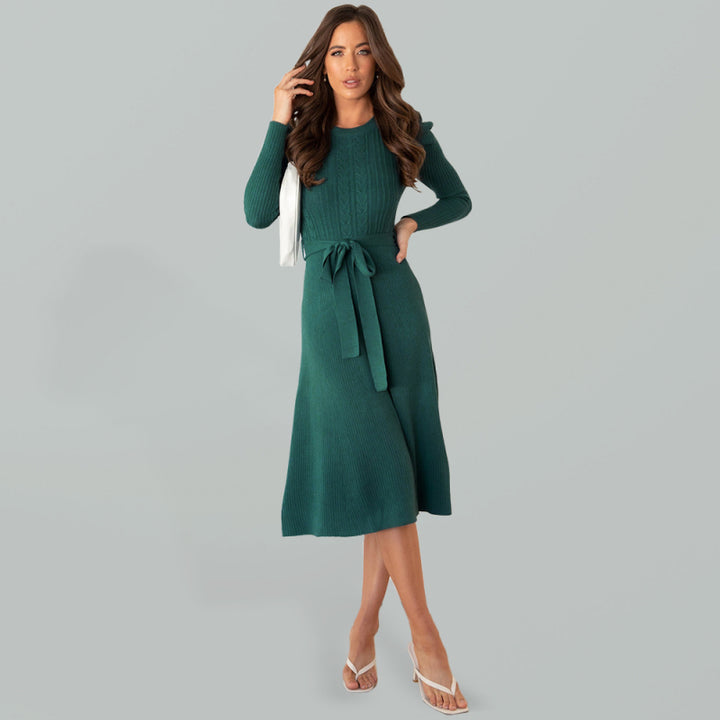 Women's wool knitted puff sleeve high waist mid length dress