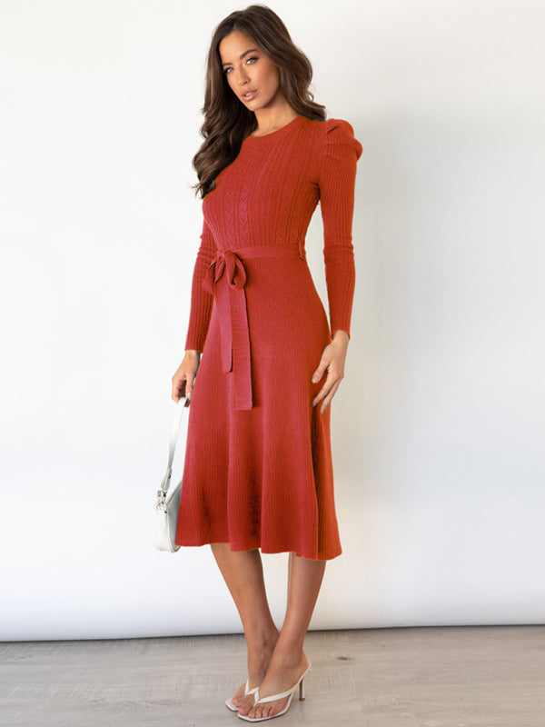 Women's wool knitted puff sleeve high waist mid length dress