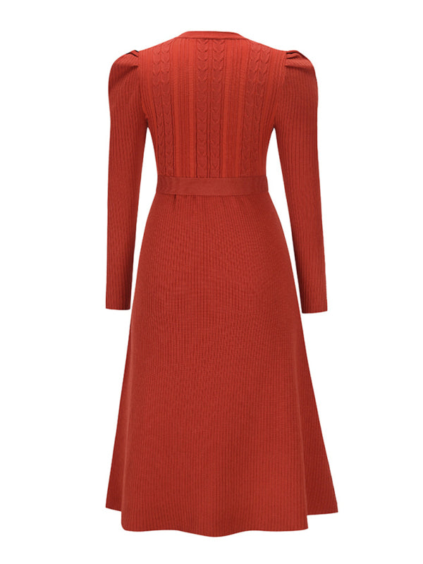 Women's wool knitted puff sleeve high waist mid length dress