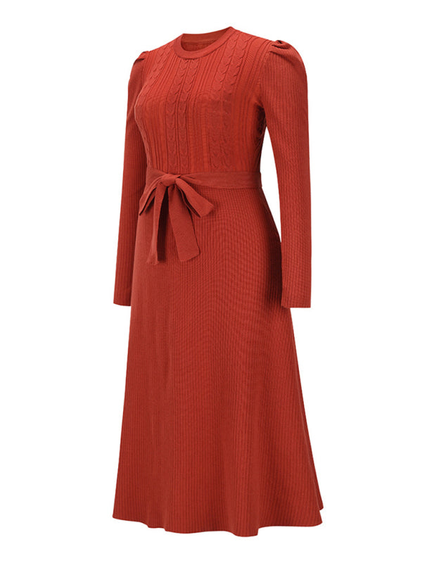 Women's wool knitted puff sleeve high waist mid length dress