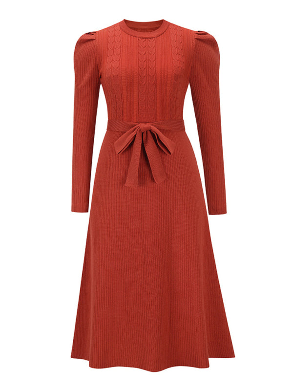 Women's wool knitted puff sleeve high waist mid length dress