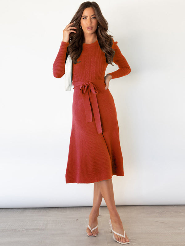 Women's wool knitted puff sleeve high waist mid length dress