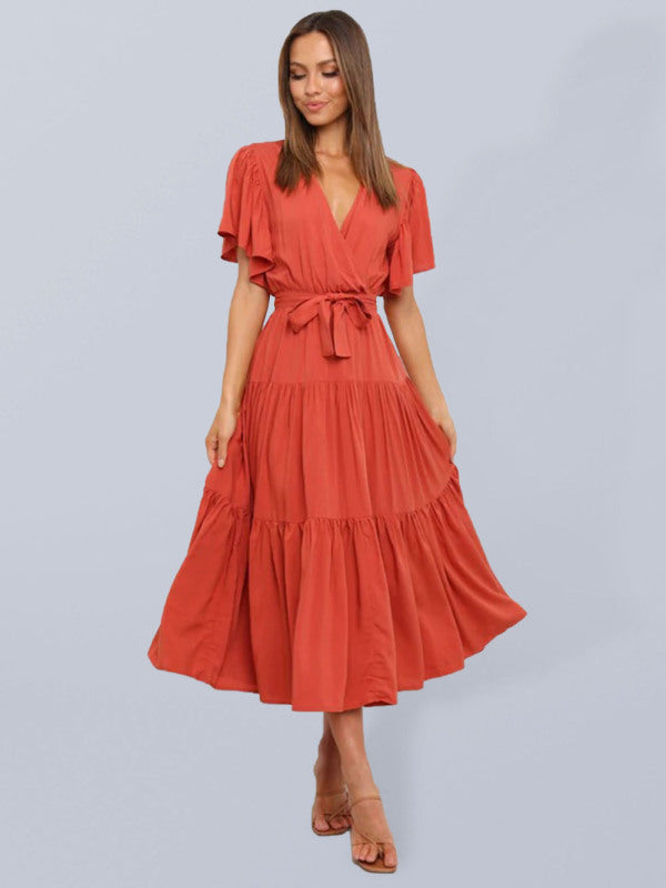 Women'sSolid v-neck short sleeve bohemian midi dress