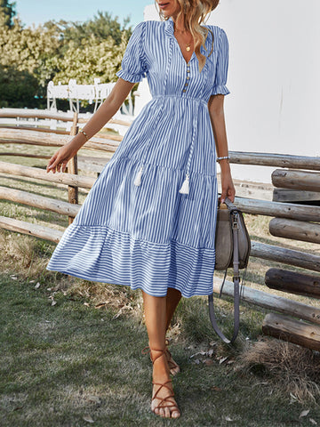 Striped Dress Temperament Waist Waist Tie Dress