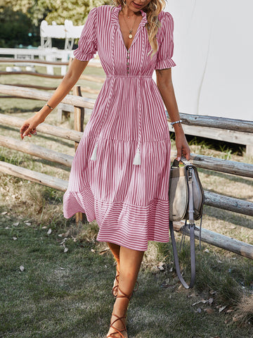 Striped Dress Temperament Waist Waist Tie Dress