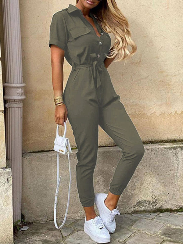 Women's Casual Lapel Buttoned Belt Cargo Jumpsuit