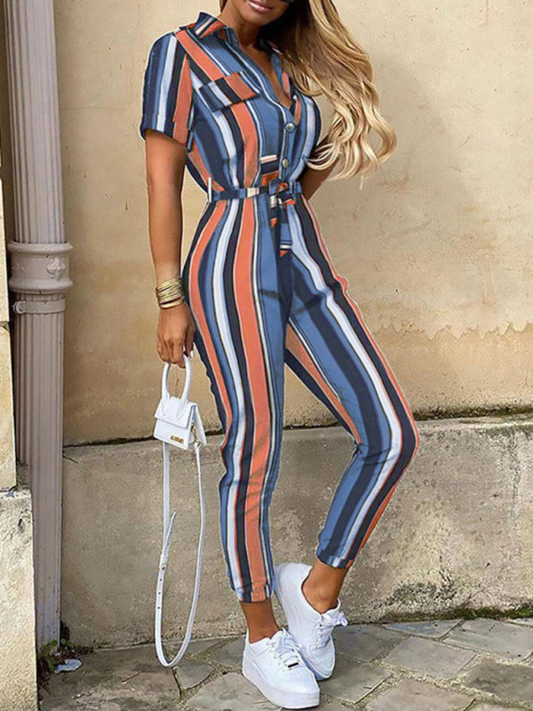 Women's Casual Lapel Buttoned Belt Cargo Jumpsuit