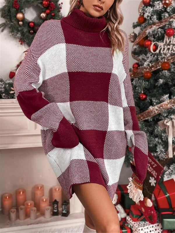 Jule rullekrave løs slankende plaid kontrast sweater kjole