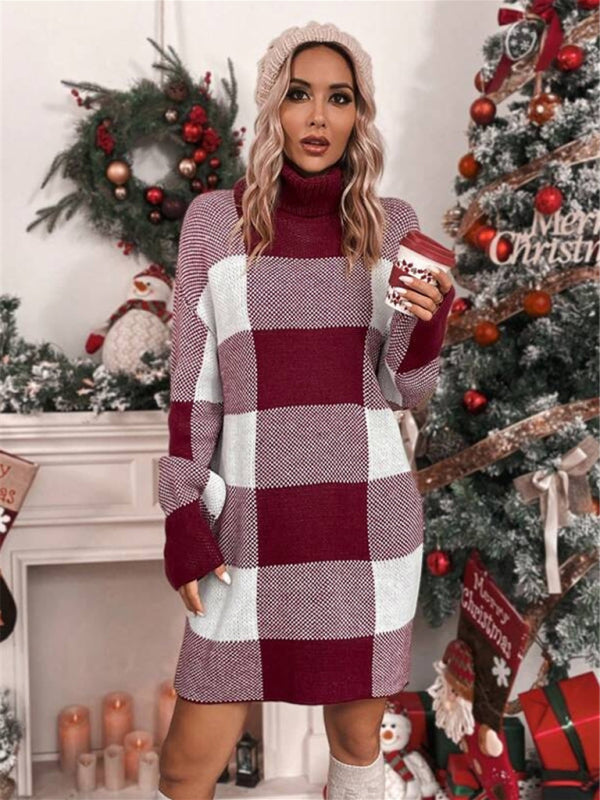 Jule rullekrave løs slankende plaid kontrast sweater kjole