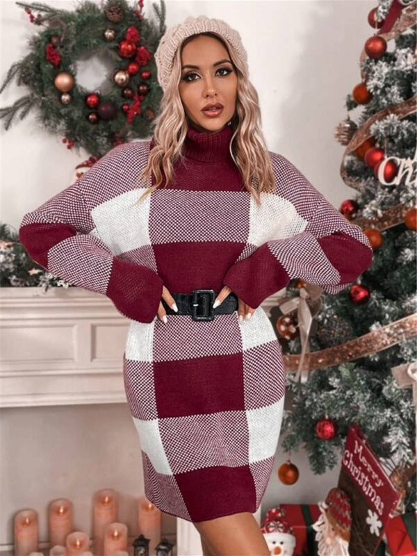 Jule rullekrave løs slankende plaid kontrast sweater kjole