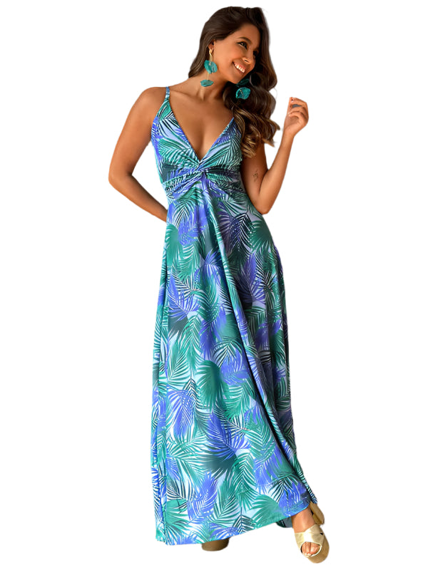 New style suspender v-neck printed elegant A-line long dress