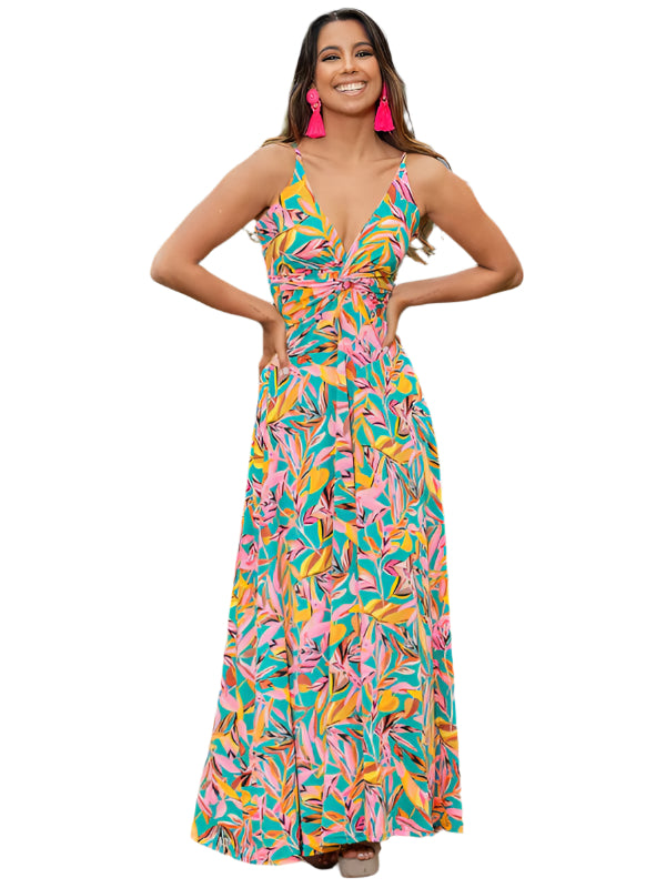 New style suspender v-neck printed elegant A-line long dress