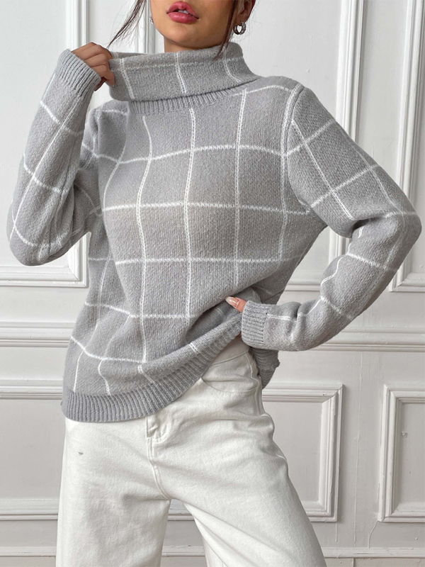 Kontrast plaid rullekrave sweater top