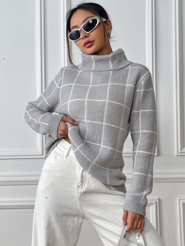 Kontrast plaid rullekrave sweater top