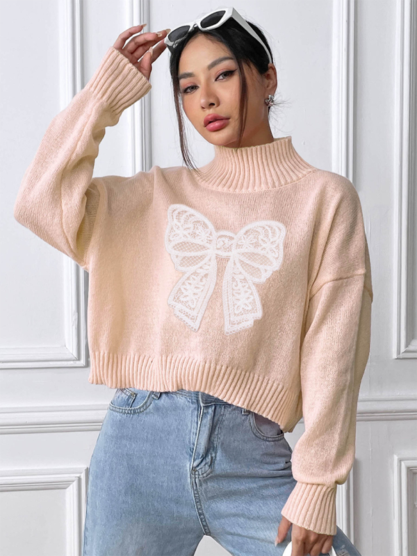 Pull à col roulé appliqué brodé avec nœud pour femme