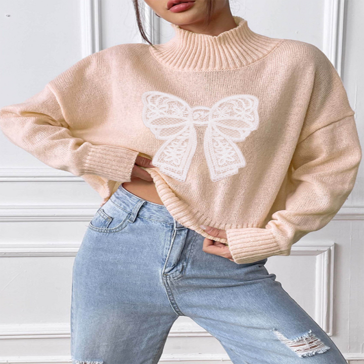 Pull à col roulé appliqué brodé avec nœud pour femme