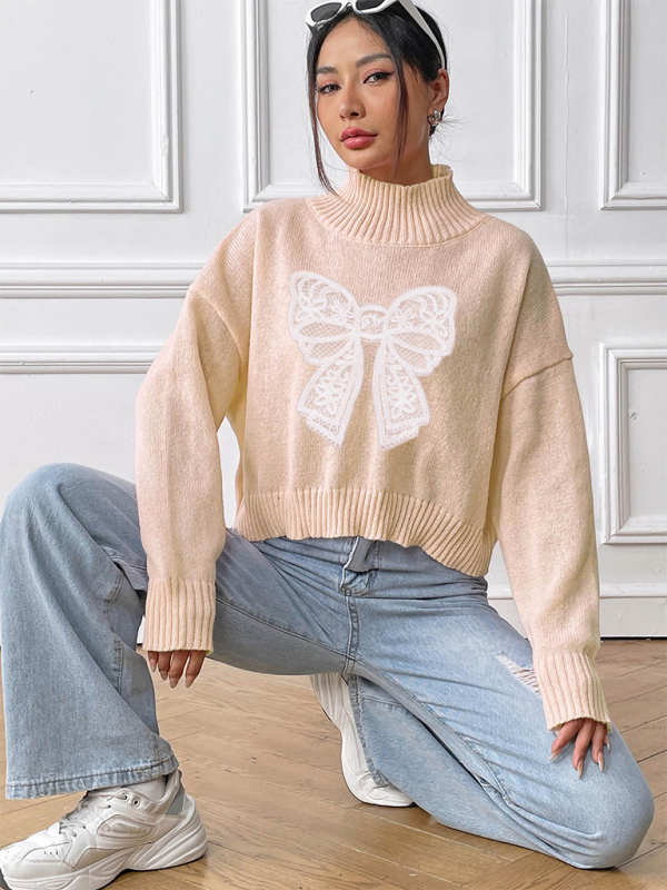 Pull à col roulé appliqué brodé avec nœud pour femme