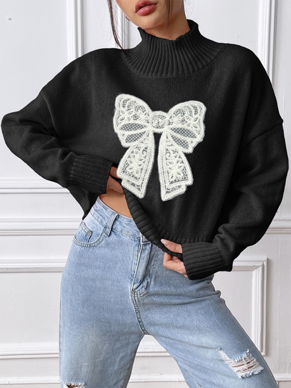 Pull à col roulé appliqué brodé avec nœud pour femme