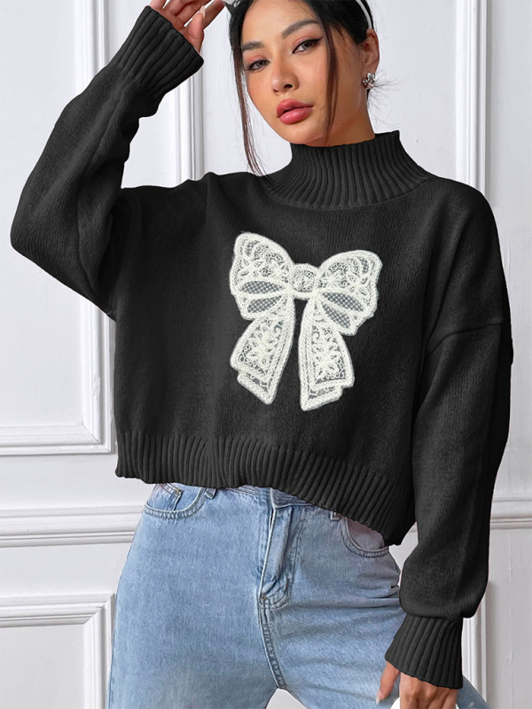 Pull à col roulé appliqué brodé avec nœud pour femme