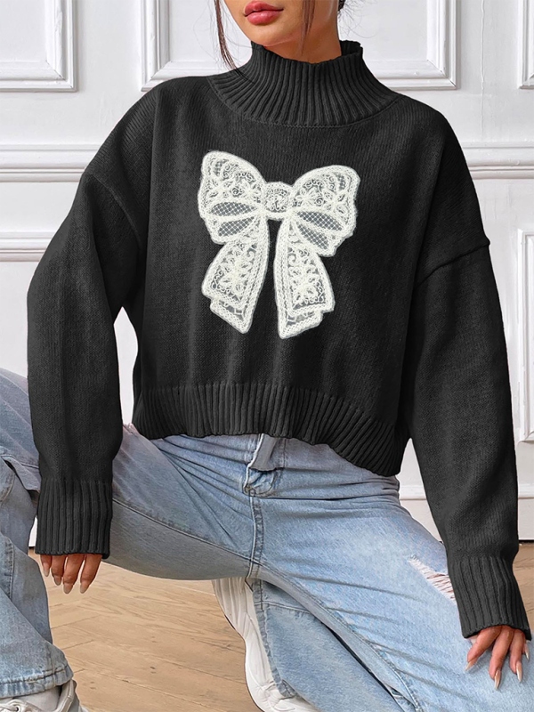 Pull à col roulé appliqué brodé avec nœud pour femme