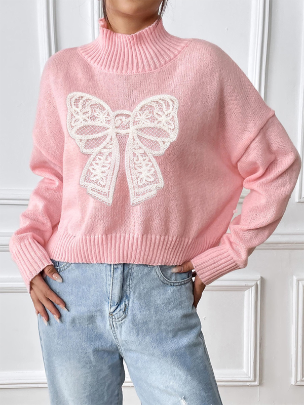 Pull à col roulé appliqué brodé avec nœud pour femme