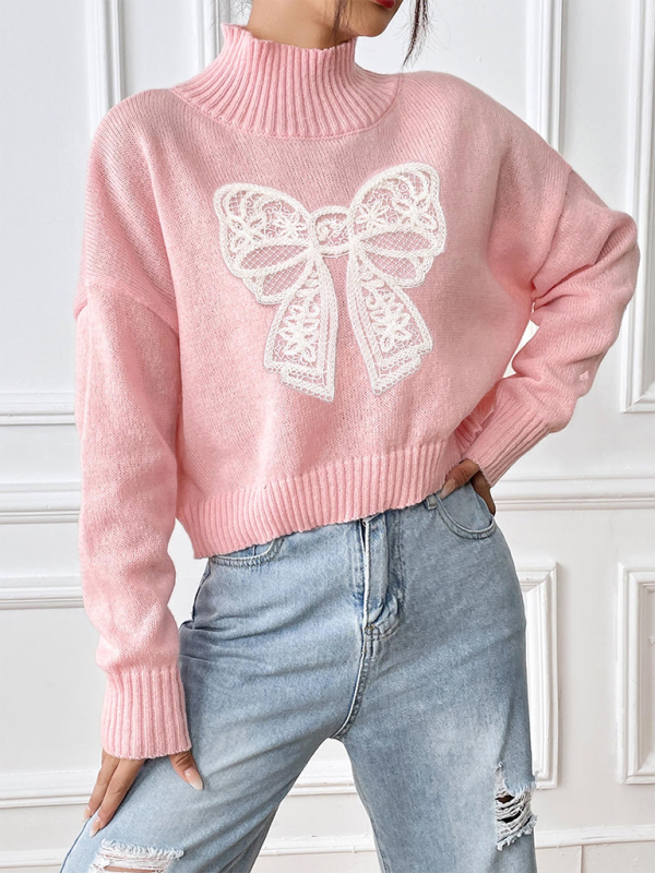 Pull à col roulé appliqué brodé avec nœud pour femme