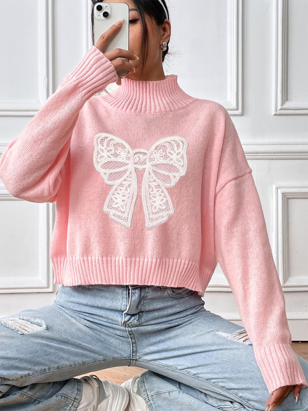 Pull à col roulé appliqué brodé avec nœud pour femme