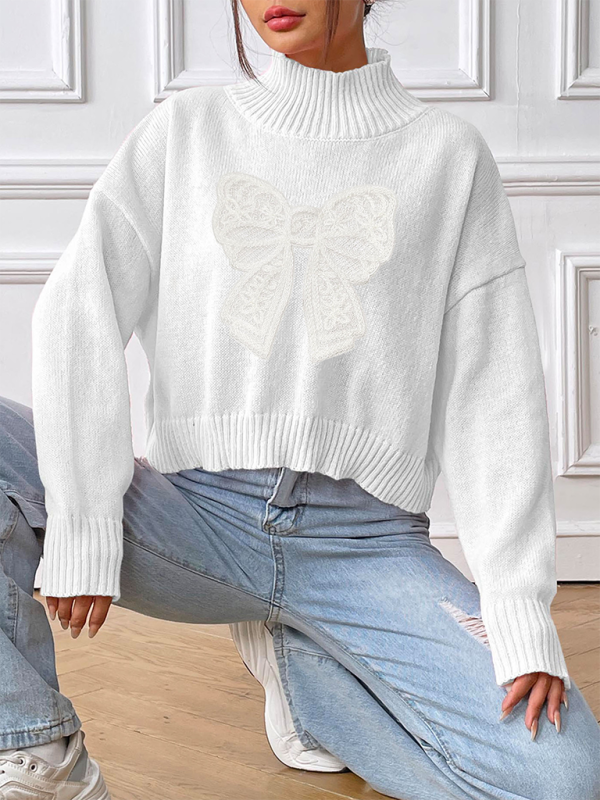 Pull à col roulé appliqué brodé avec nœud pour femme