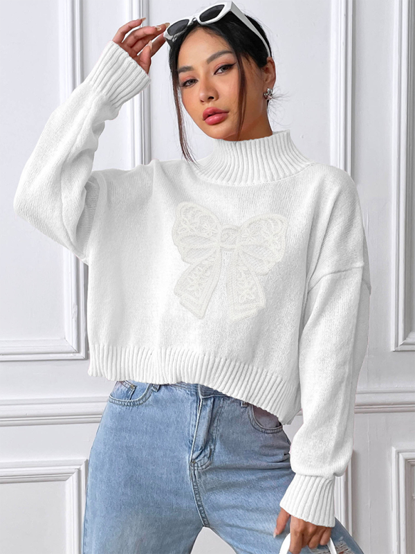 Pull à col roulé appliqué brodé avec nœud pour femme