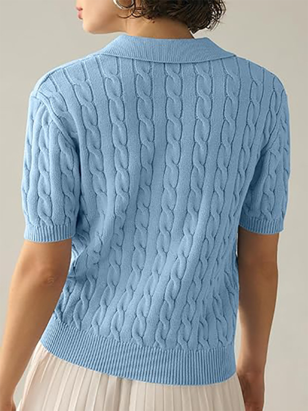 Pull en tricot à manches courtes et col polo pour femme, pull décontracté en tricot torsadé de couleur unie