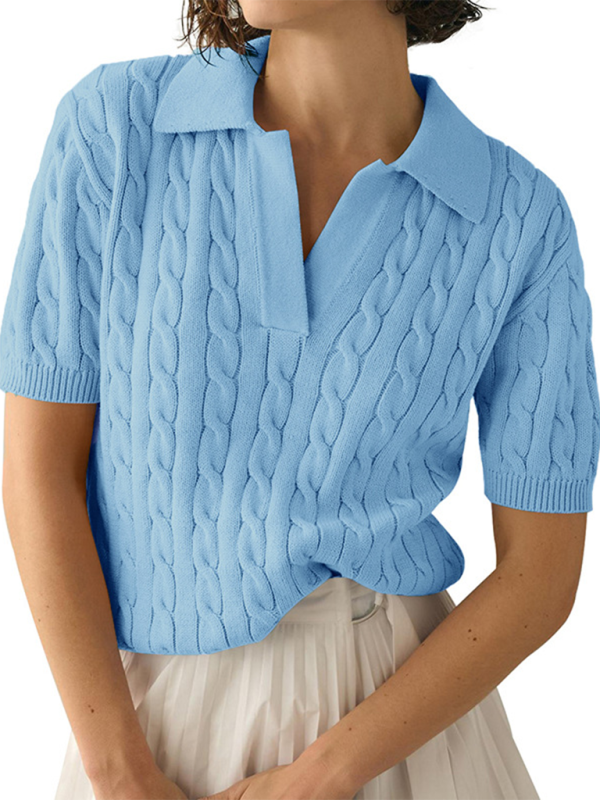 Pull en tricot à manches courtes et col polo pour femme, pull décontracté en tricot torsadé de couleur unie