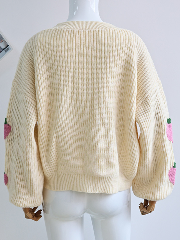 Pull en tricot cardigan beige à col en V orné de fraises