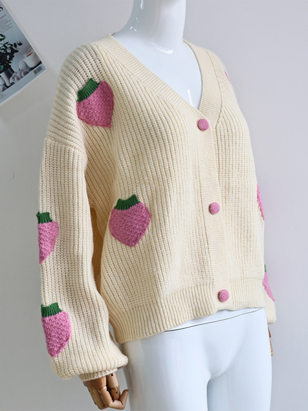 Pull en tricot cardigan beige à col en V orné de fraises