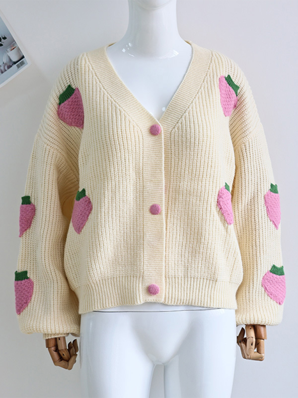 Pull en tricot cardigan beige à col en V orné de fraises