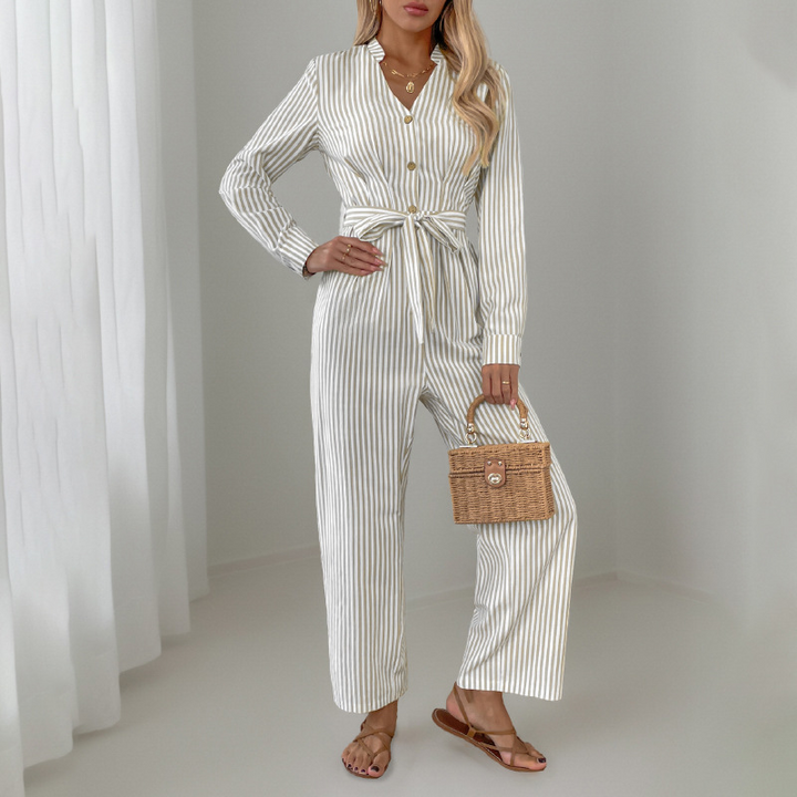 Dame ny jumpsuit med v-hals og snørebånd