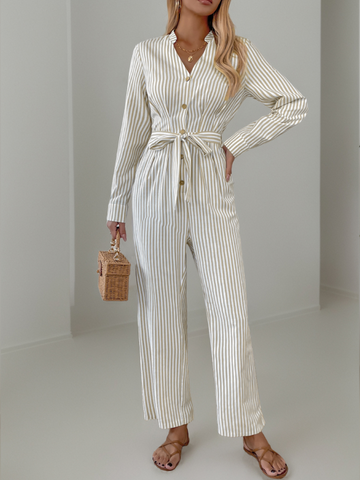 Ladies new v-neck striped lace-up jumpsuit