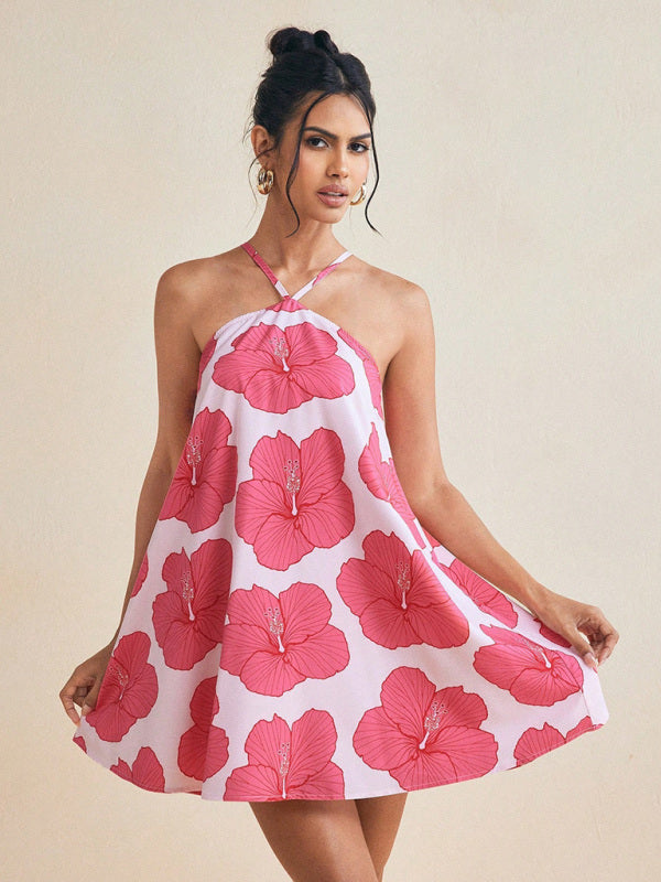 Women's sexy halter neck long swing printed short dress