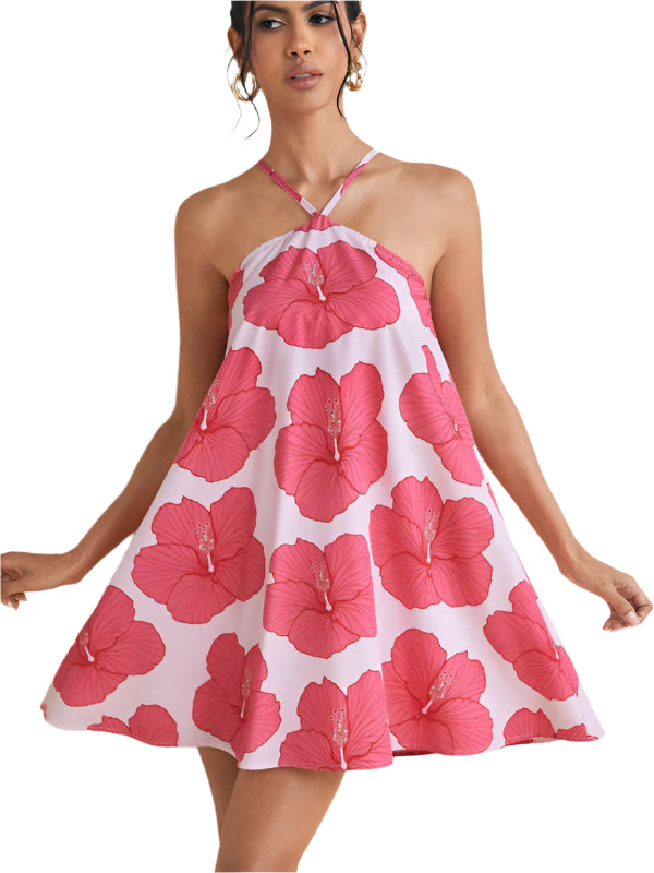 Women's sexy halter neck long swing printed short dress