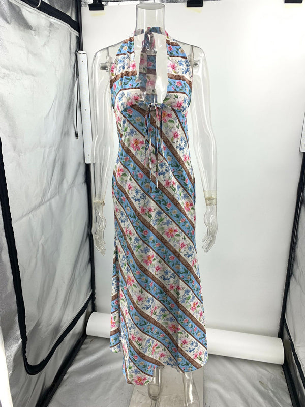 Sexy Printed Halter Backless V Neck Dress