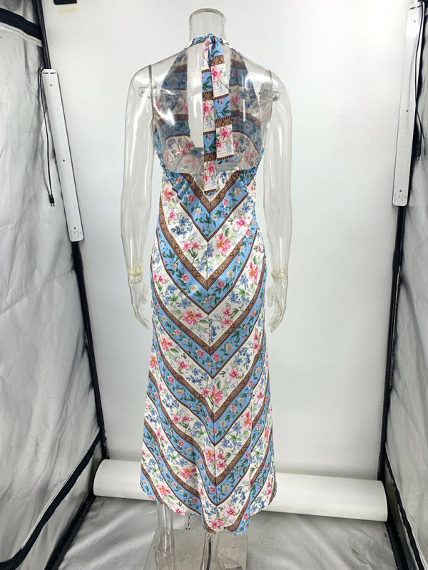 Sexy Printed Halter Backless V Neck Dress