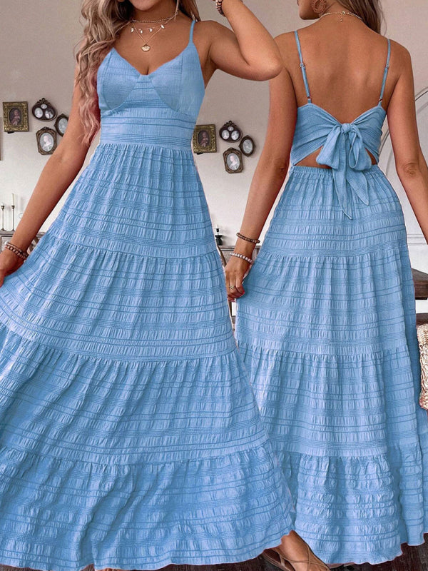 Solid color suspender long swing dress