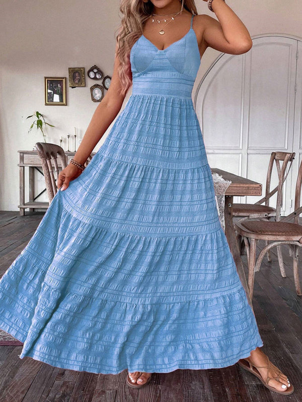 Solid color suspender long swing dress